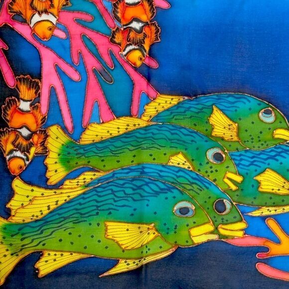 Silk chiffon Lee Caldwell tropical ocean fish hand painted scarf 29” square - Picture 6 of 14
